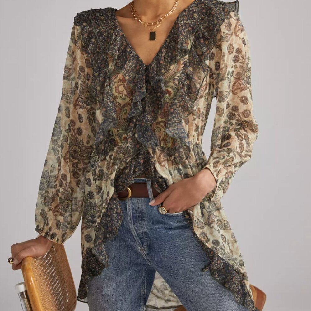Anthropologie Let Me Be Sheer Femme Maxi Tunic Boho Ruffle XS